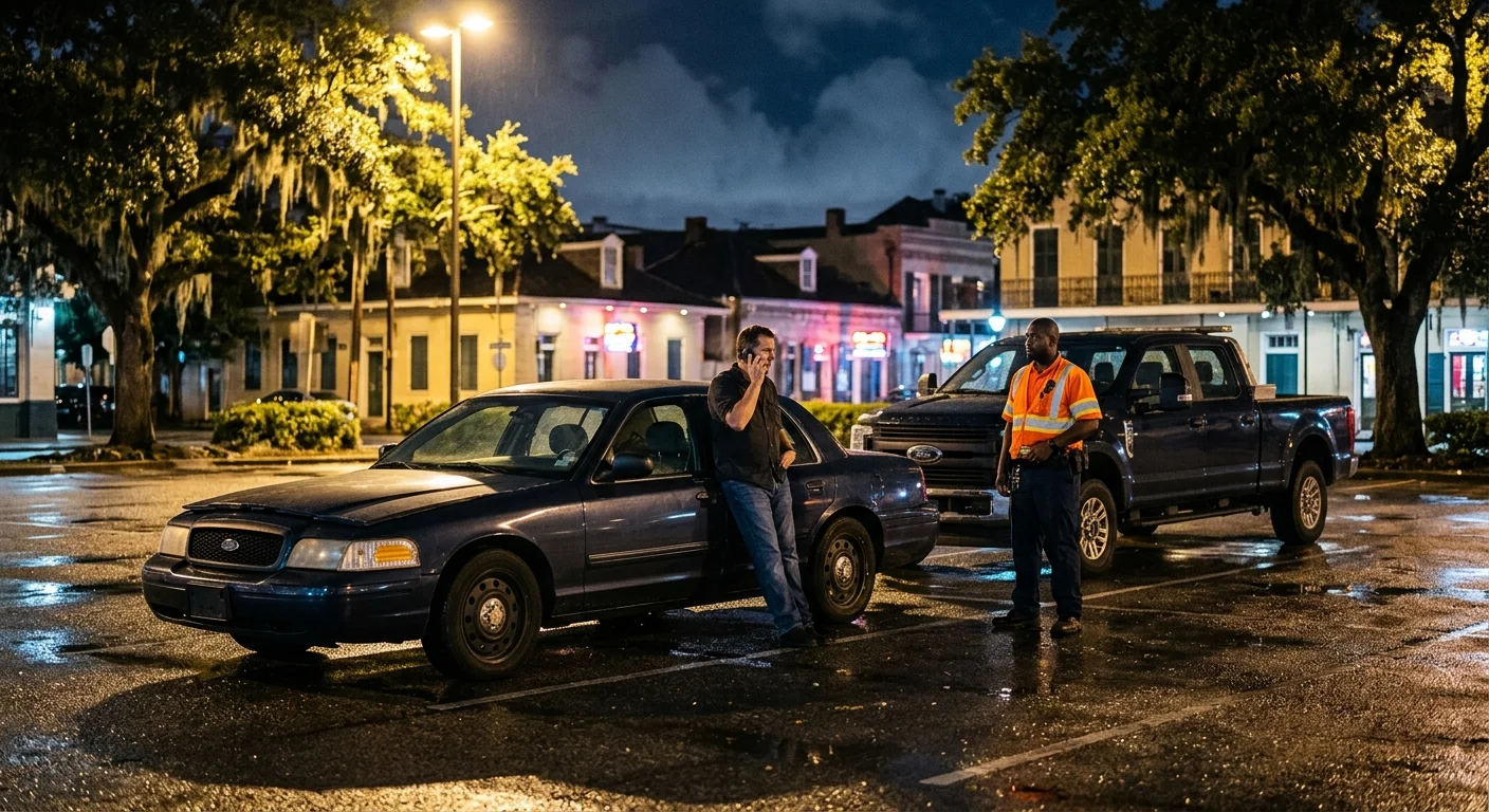 Driver calling for roadside help beside a disabled sedan at night