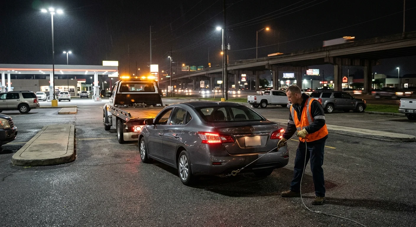 Disabled sedan and tow truck near the Westbank Expressway at night