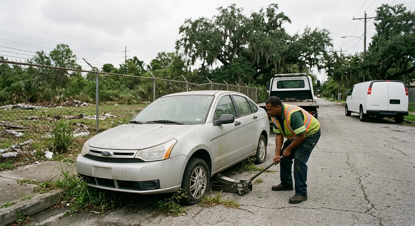 A long-abandoned car with flat tyres and weeds at a New Orleans kerb