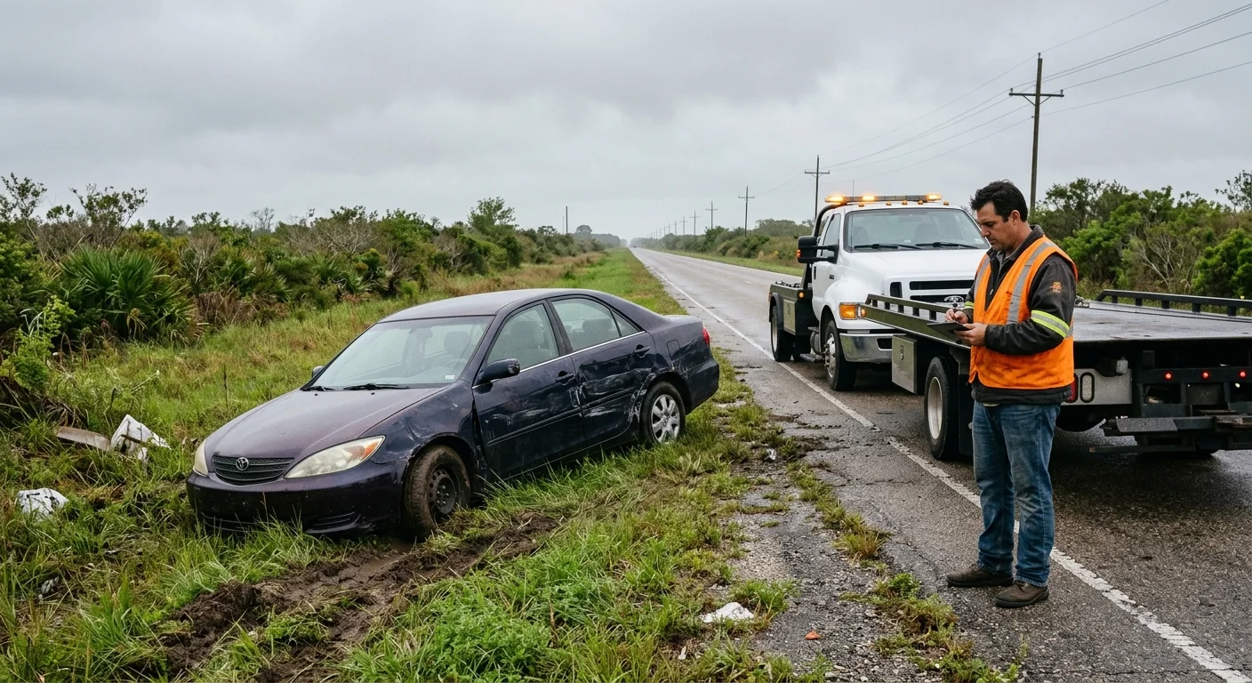 Operator assessing a damaged sedan beside a wet Louisiana road