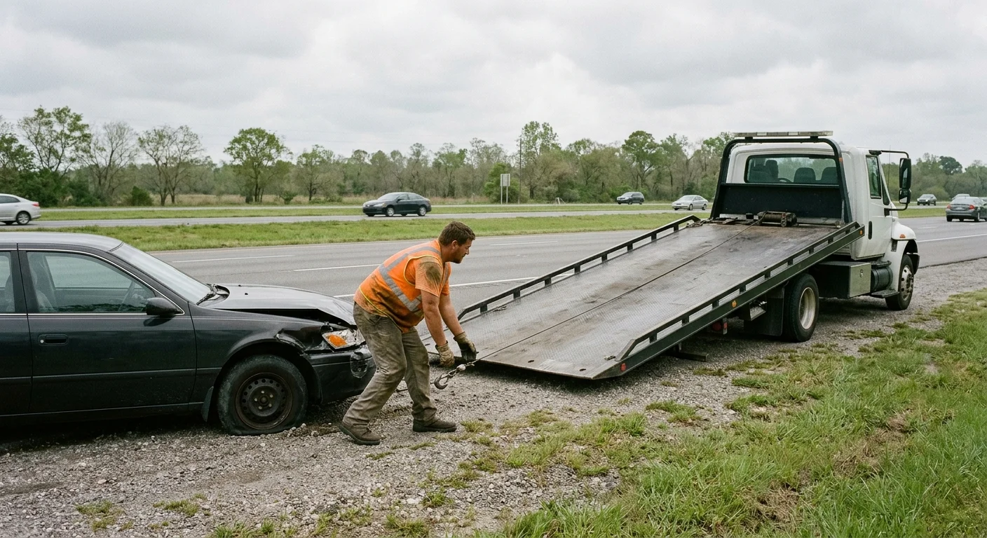 Damaged sedan near Destrehan as an unmarked flatbed prepares to load it