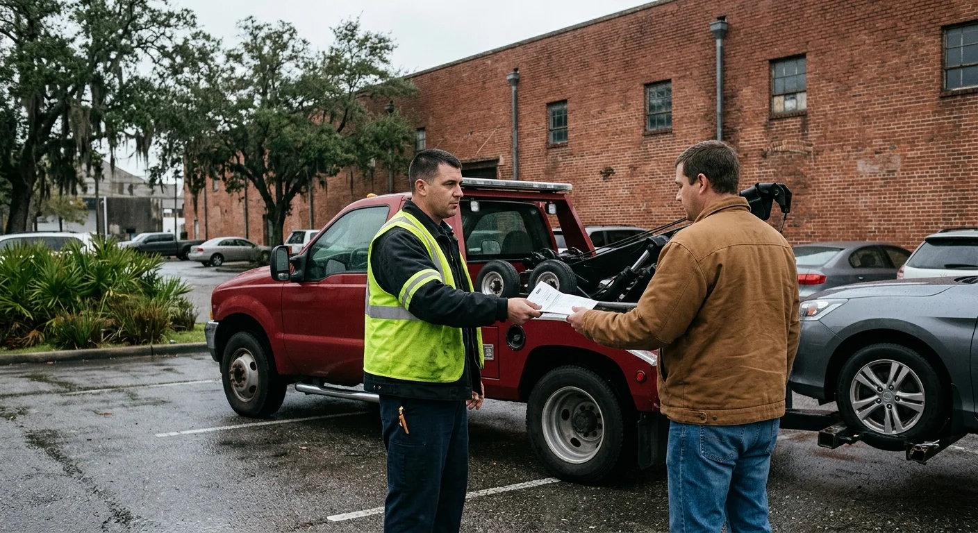 A tow operator handing a customer a printed invoice beside a tow truck