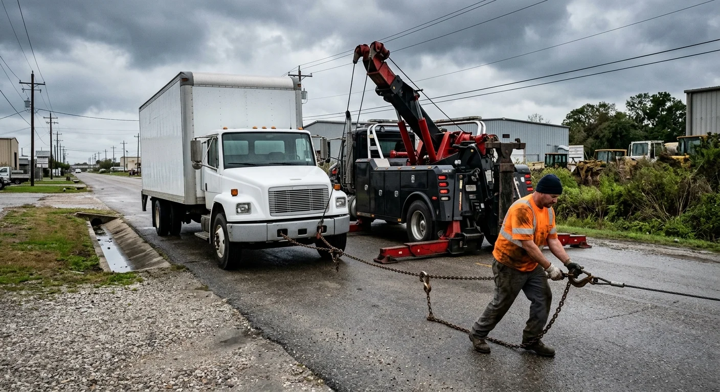 Disabled box truck beside a heavy tow vehicle in a New Orleans industrial corridor
