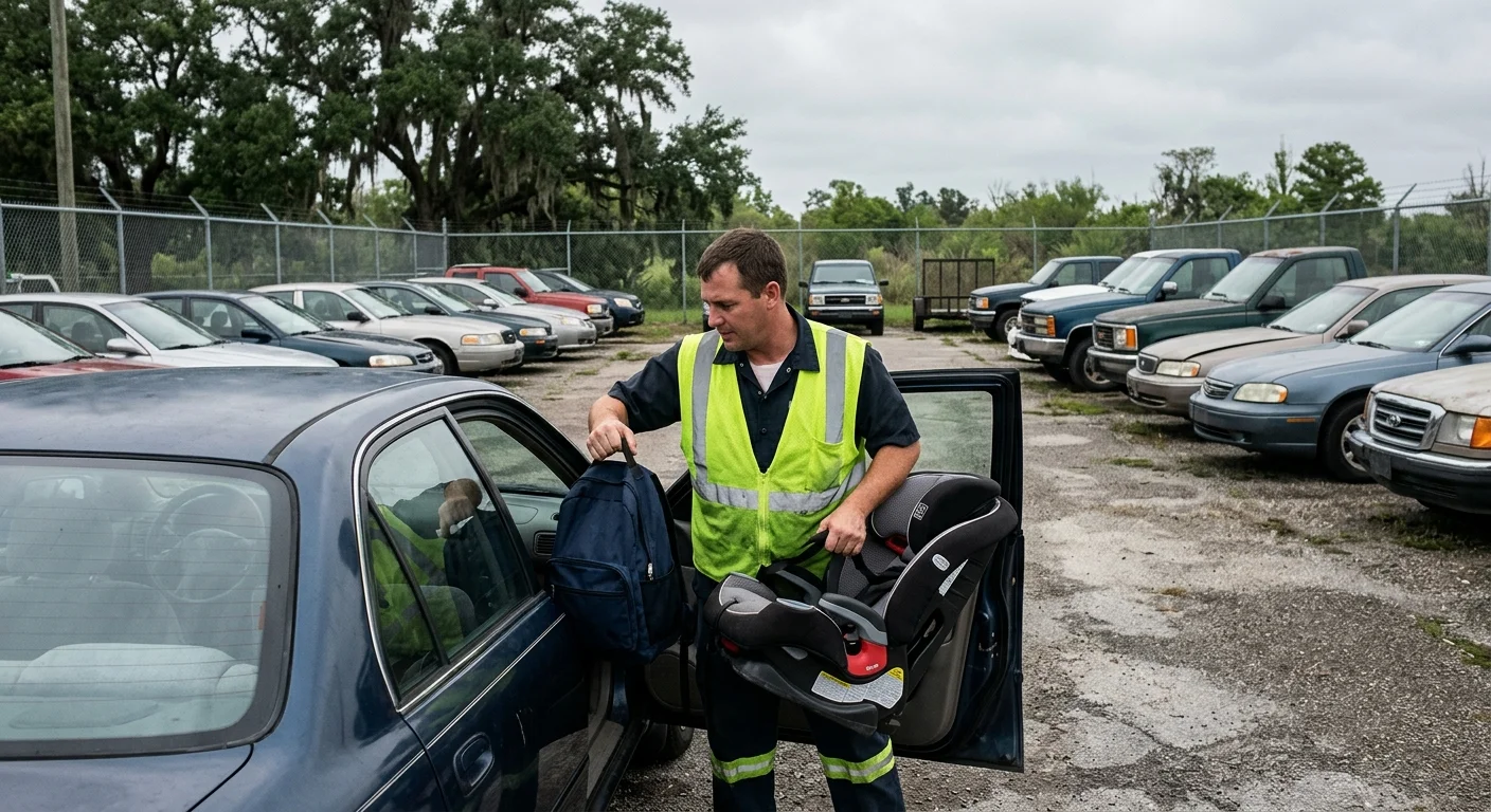 An operator carrying a backpack and child seat out of a car in a fenced storage lot