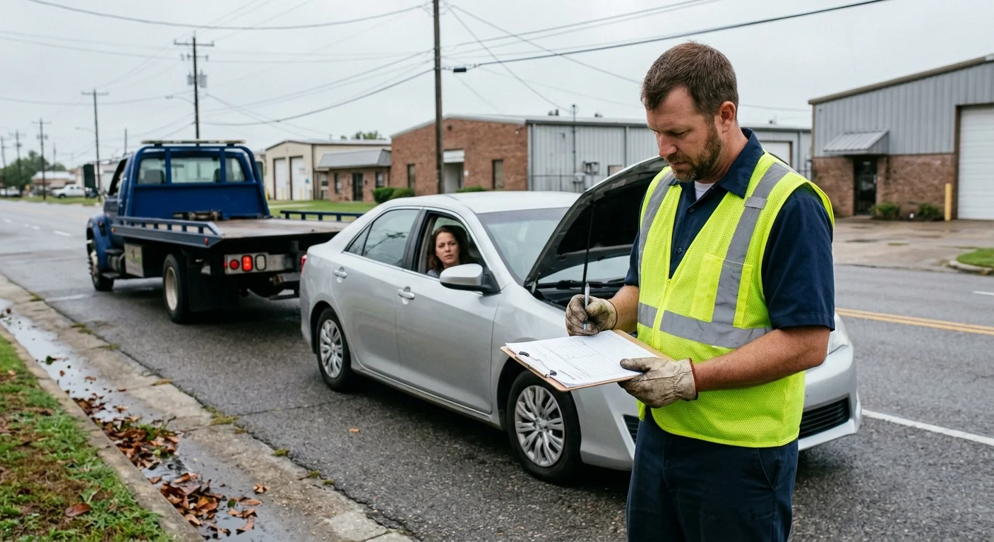 Driver reviewing an estimate beside a disabled sedan and tow truck