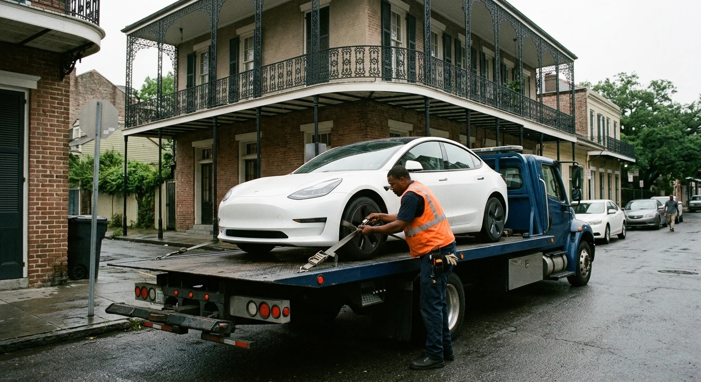 An electric sedan strapped flat on a flatbed truck on a narrow New Orleans street