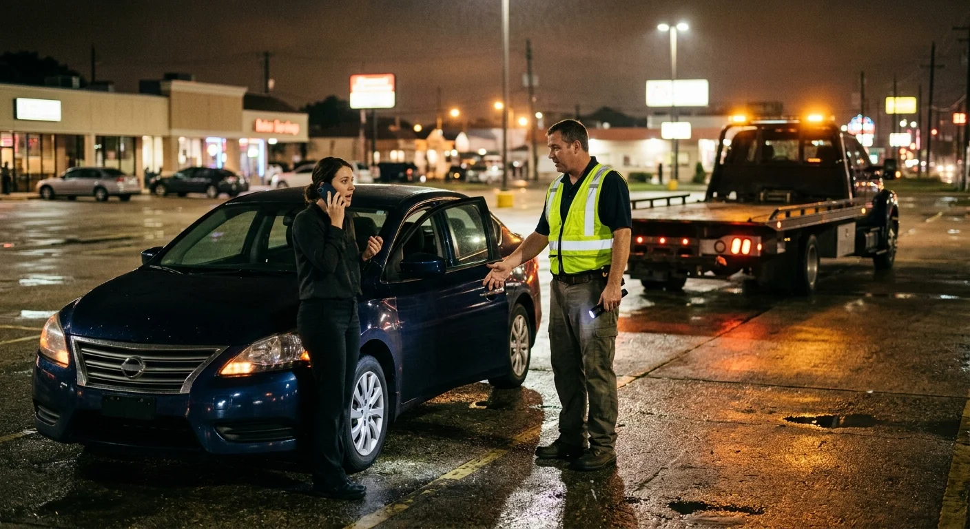 Driver calling beside a disabled sedan at night in New Orleans