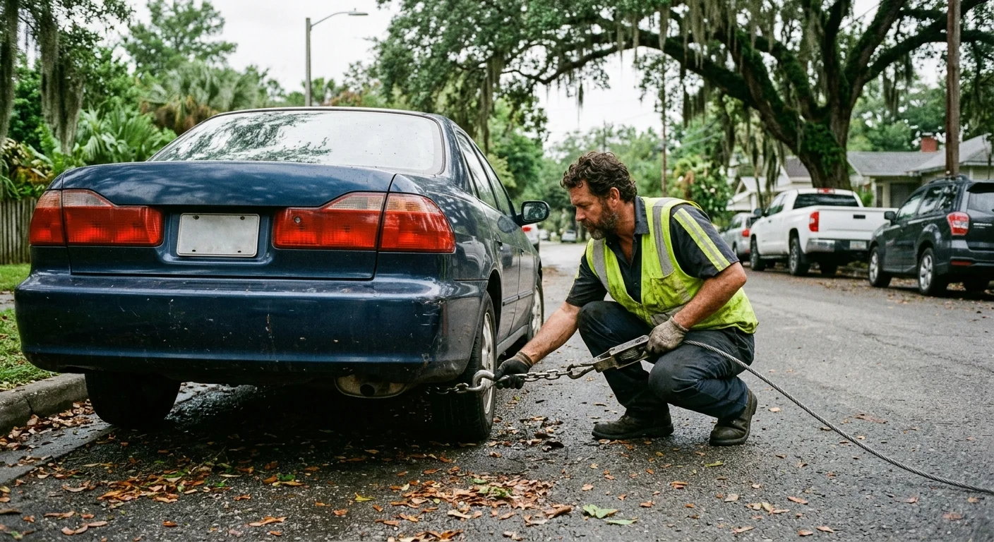 The rear plate area of a car parked on a leafy New Orleans residential street