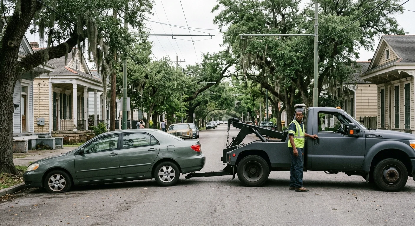 Disabled sedan and tow truck on a tree-lined Carrollton street