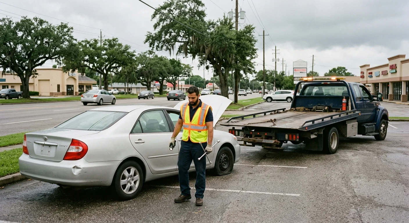 Disabled sedan in a Metairie commercial parking area near a broad boulevard