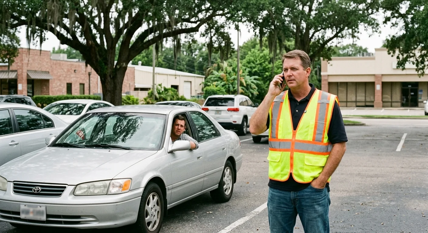 Driver looking through a locked sedan window in a New Orleans parking area