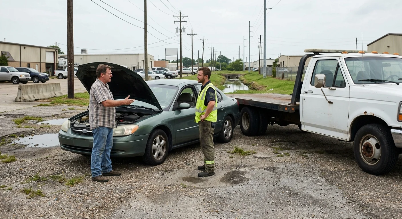 Driver showing a stationary disabled sedan to a flatbed operator