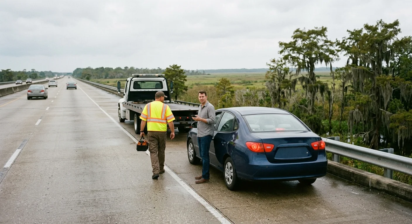 A driver waiting on the shoulder of an elevated Louisiana interstate above wetland