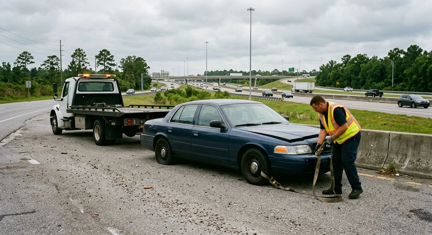 Disabled sedan near a highway interchange in Slidell under overcast skies