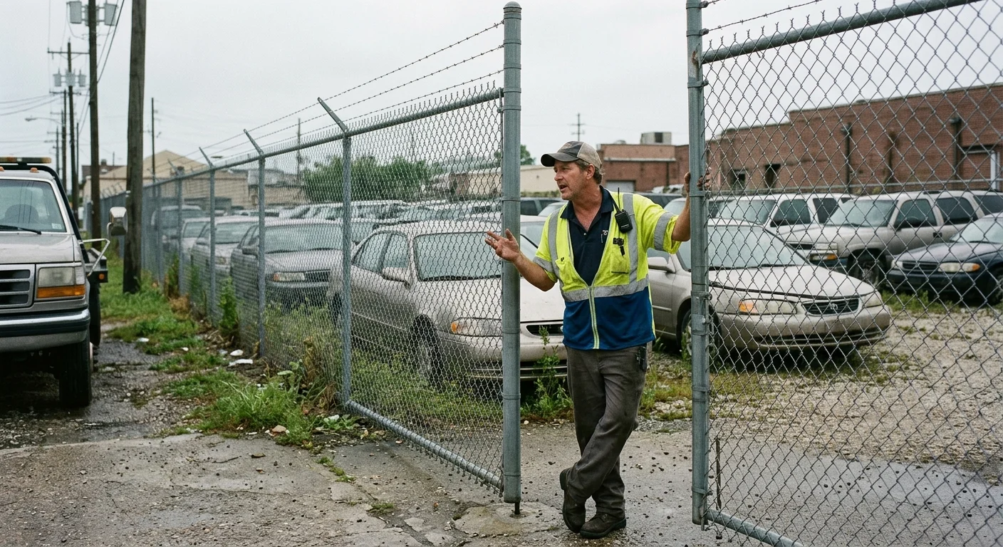 Driver speaking through the entrance of a New Orleans vehicle storage lot