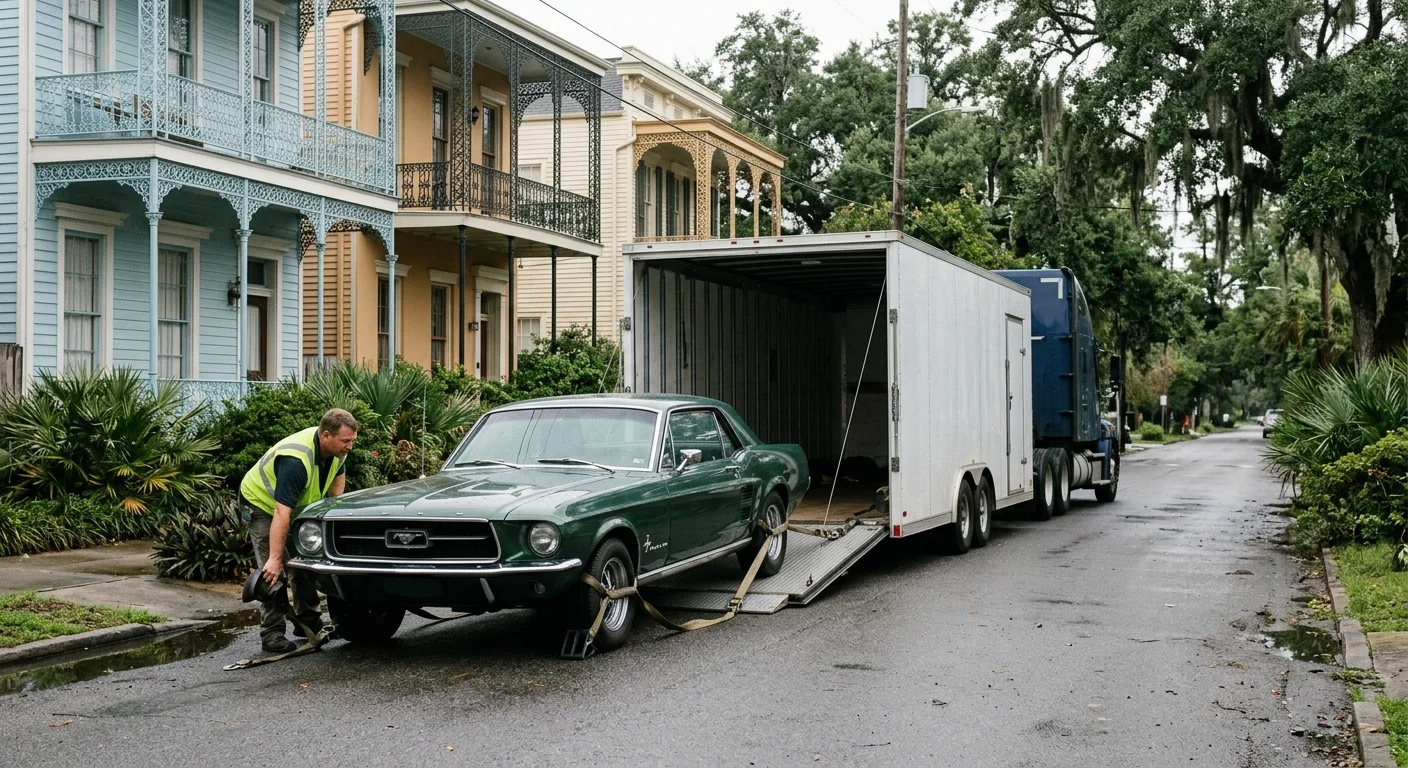 A vintage car being loaded onto an enclosed transport trailer on a New Orleans street