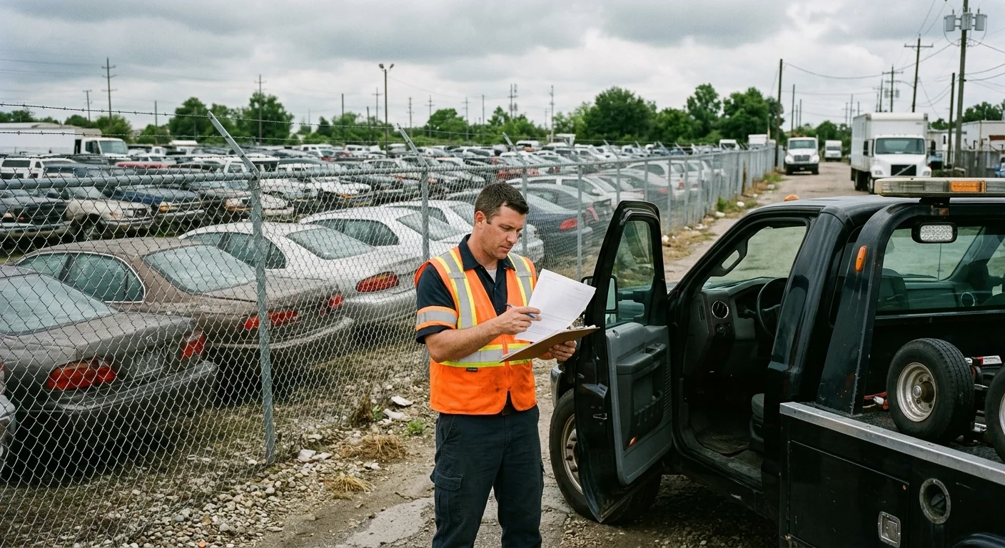 Driver reviewing paperwork outside a fenced vehicle storage lot