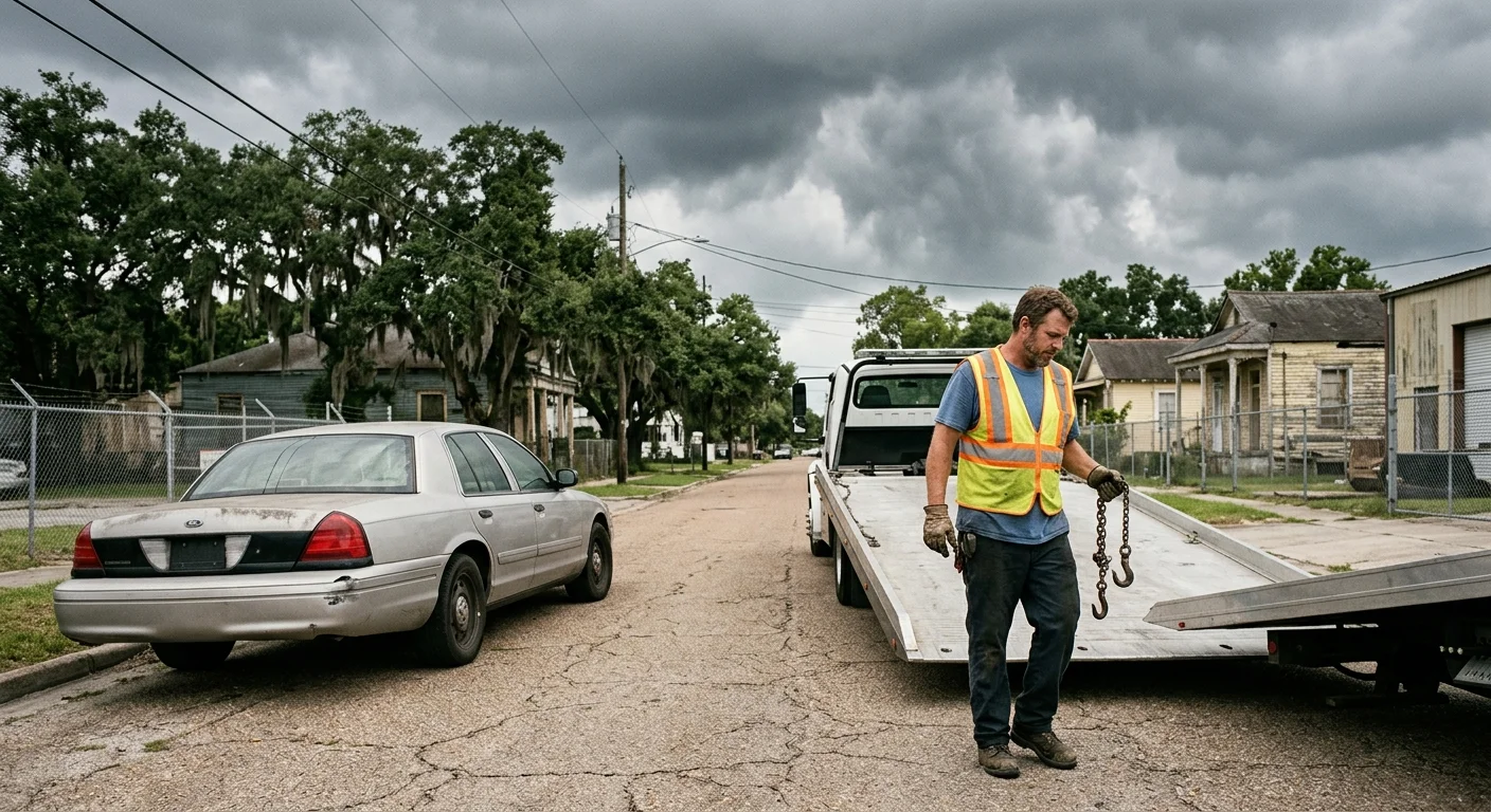 Disabled sedan on dry New Orleans pavement beneath dark storm clouds