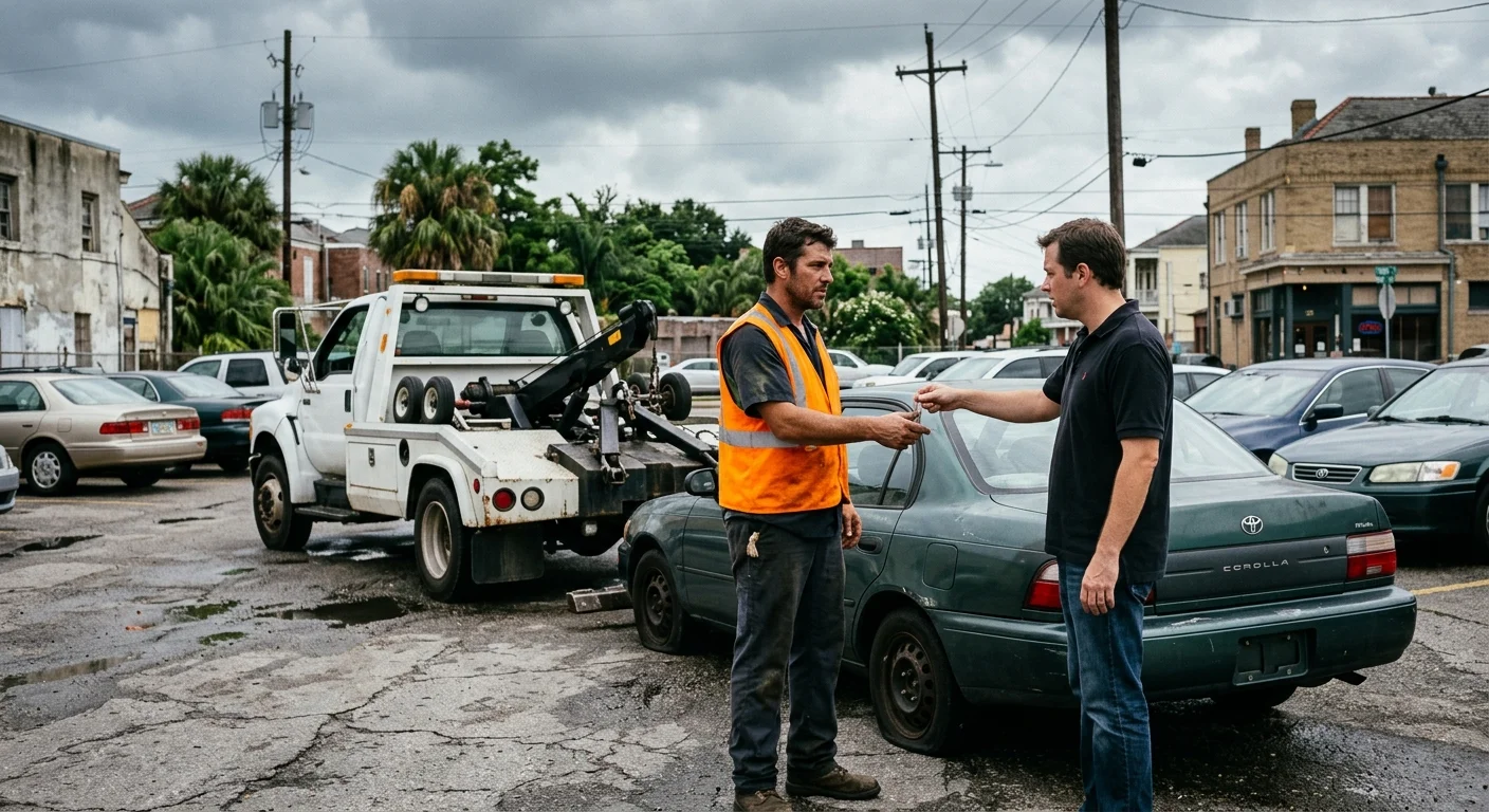 Driver handing a car key to a tow operator beside a disabled sedan