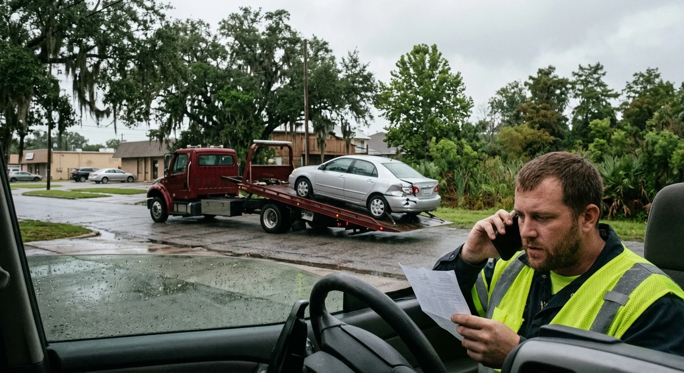 A driver on the phone with paperwork while a tow truck loads a car ahead