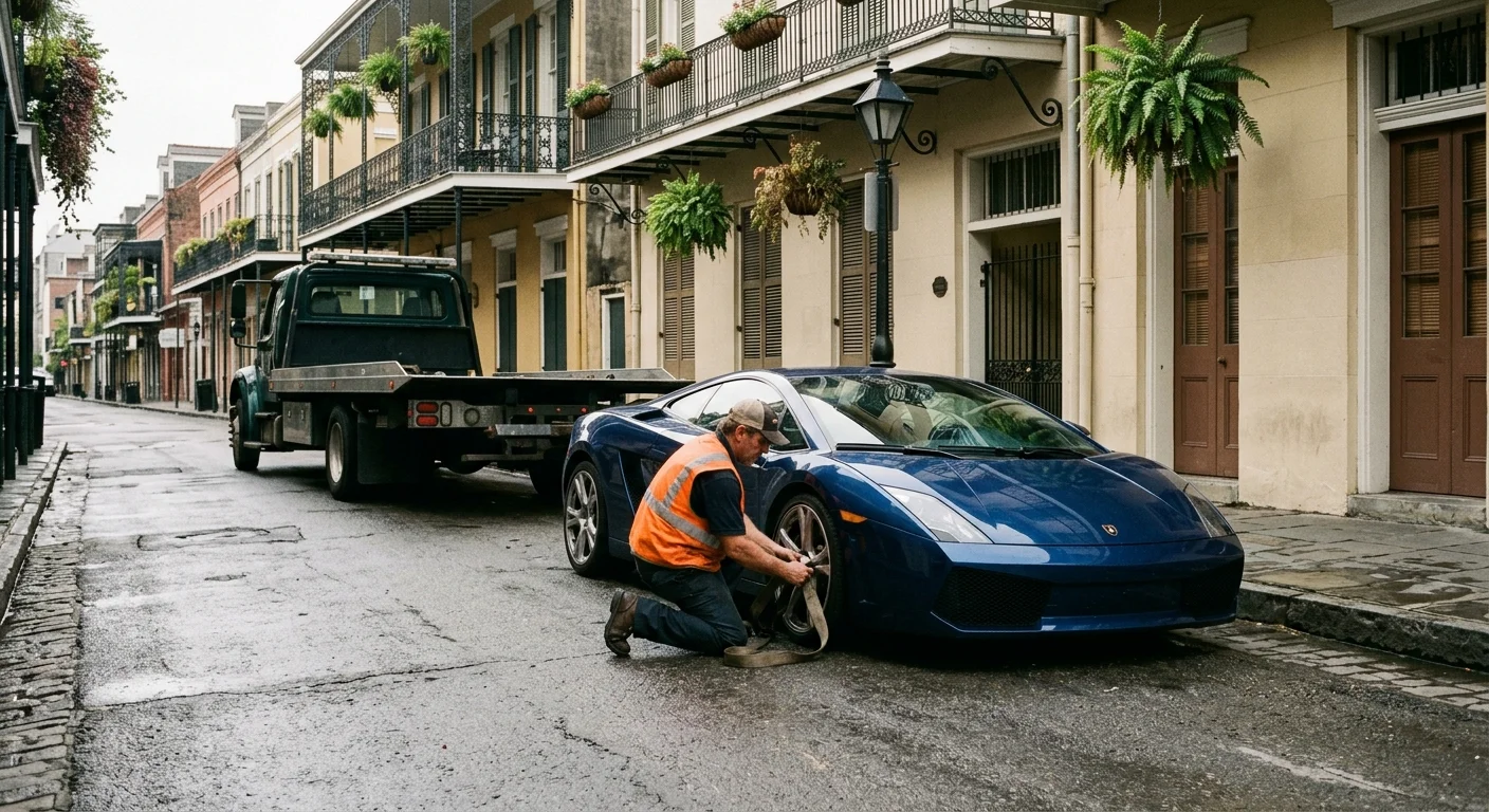 Low exotic coupe beside the curb on a French Quarter street