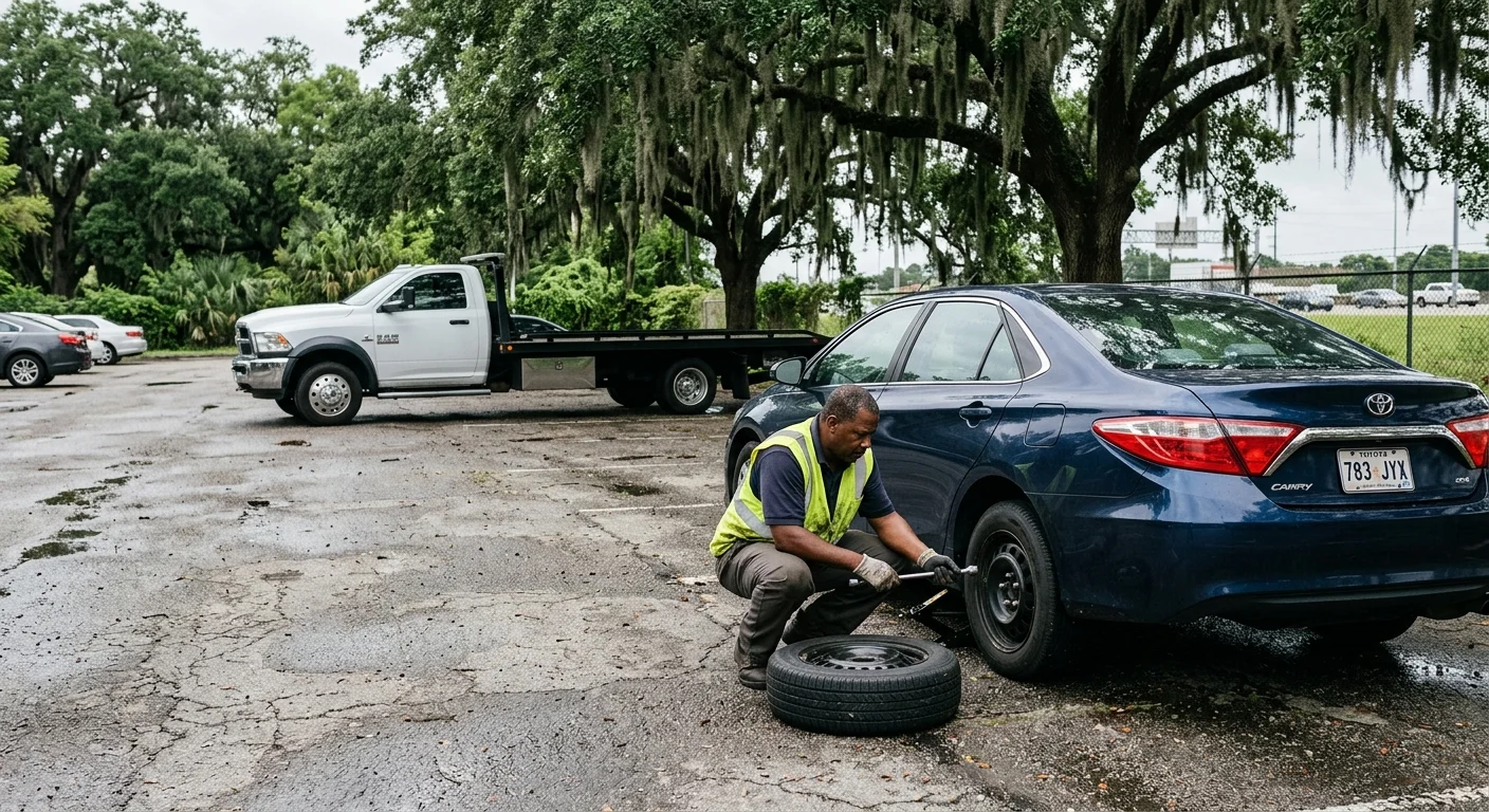 Roadside operator examining a flat tire in a New Orleans parking lot