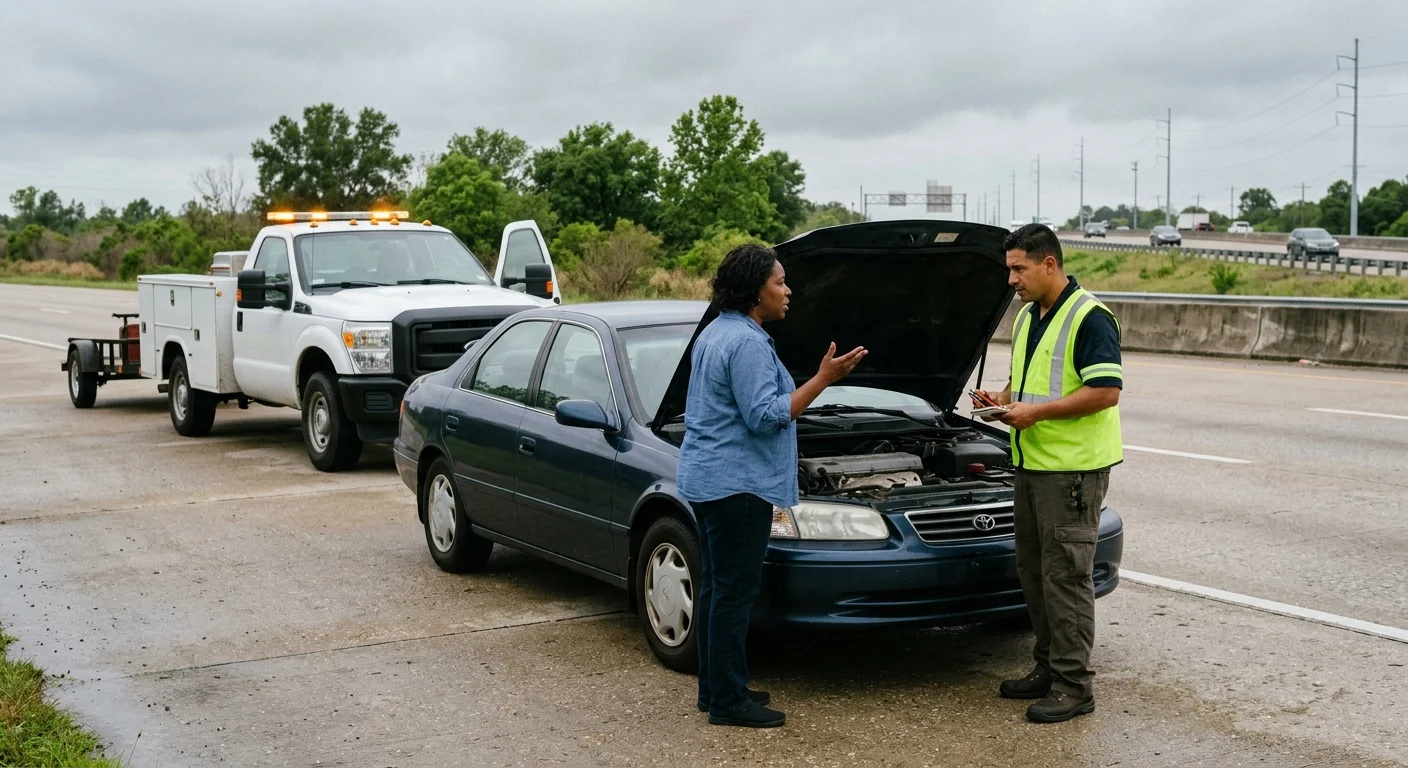 Driver talking with a roadside operator beside a disabled sedan in New Orleans