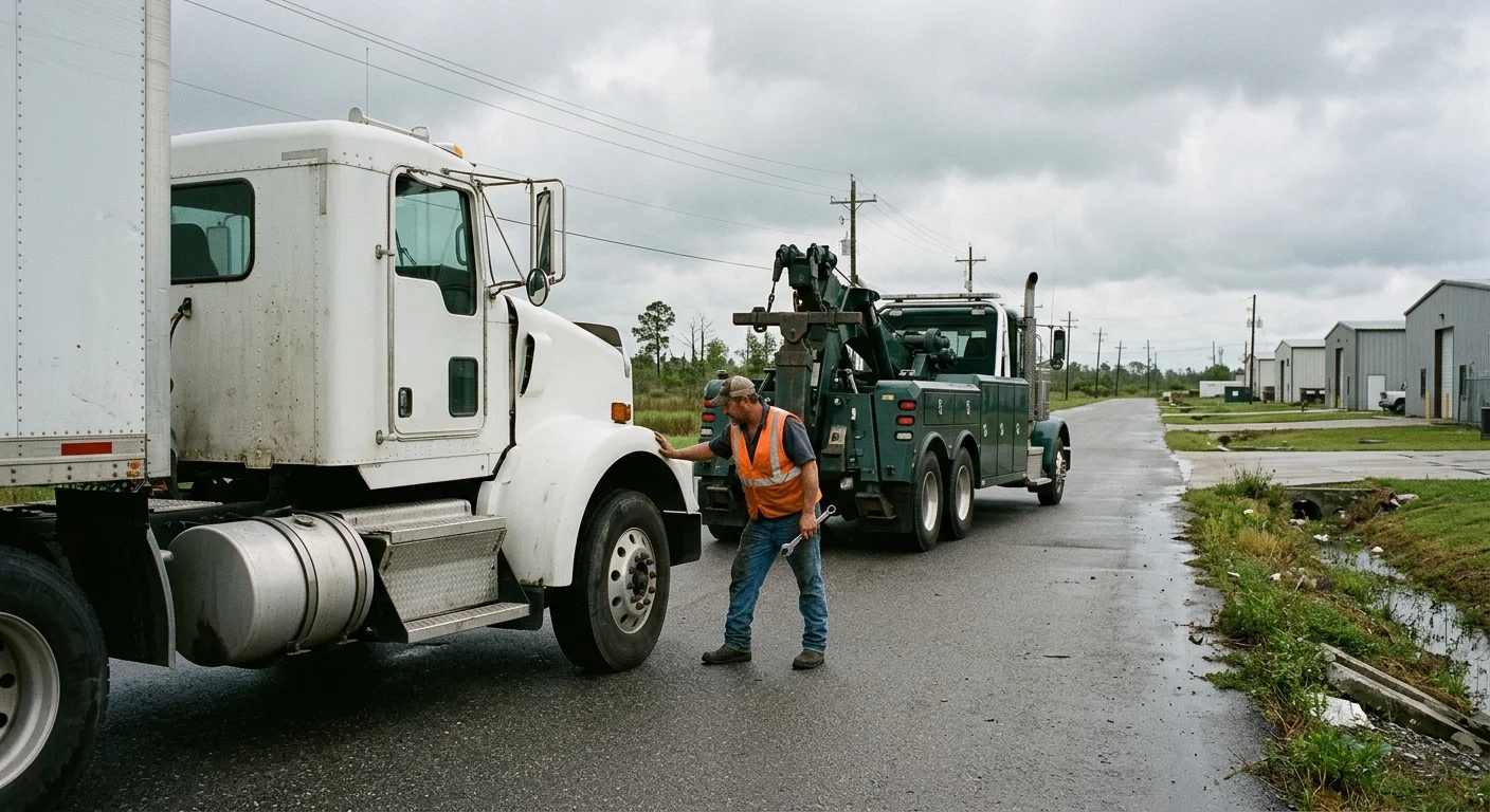 Disabled tractor-trailer on a Louisiana industrial corridor while an independent heavy-tow operator inspects the stationary truck
