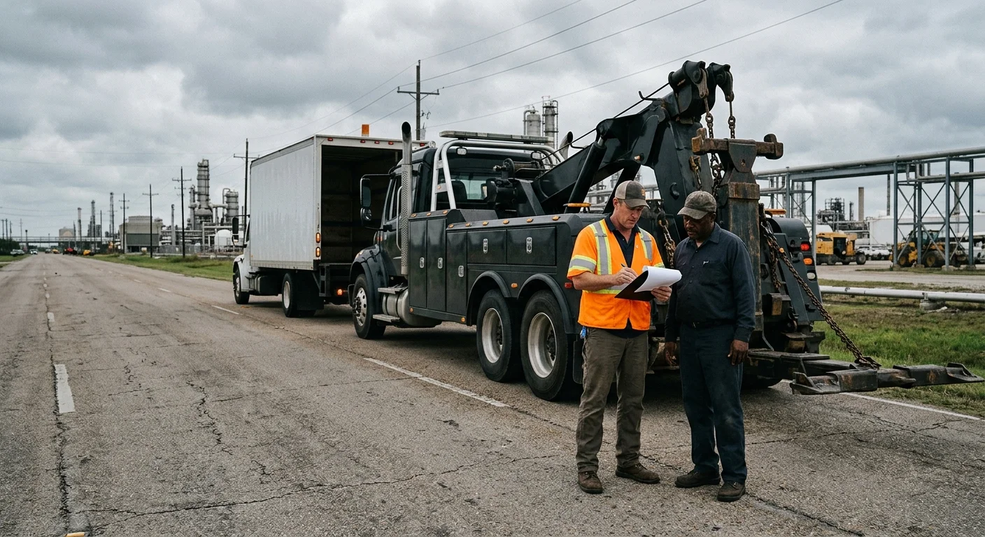 Operator reviewing paperwork beside a disabled commercial truck