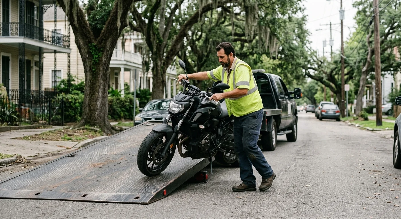 Operator guiding a disabled motorcycle onto an unmarked transport deck