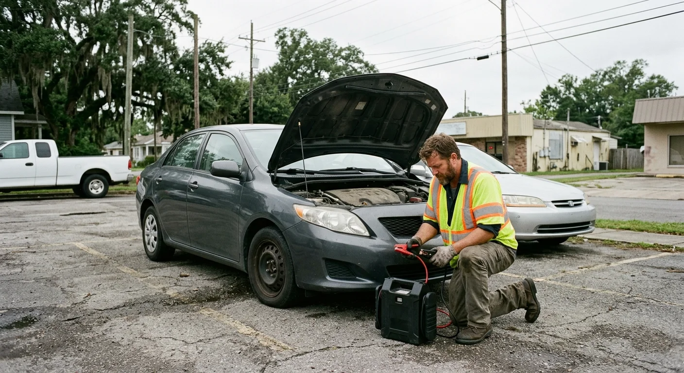 Independent operator preparing to jump-start a sedan in New Orleans