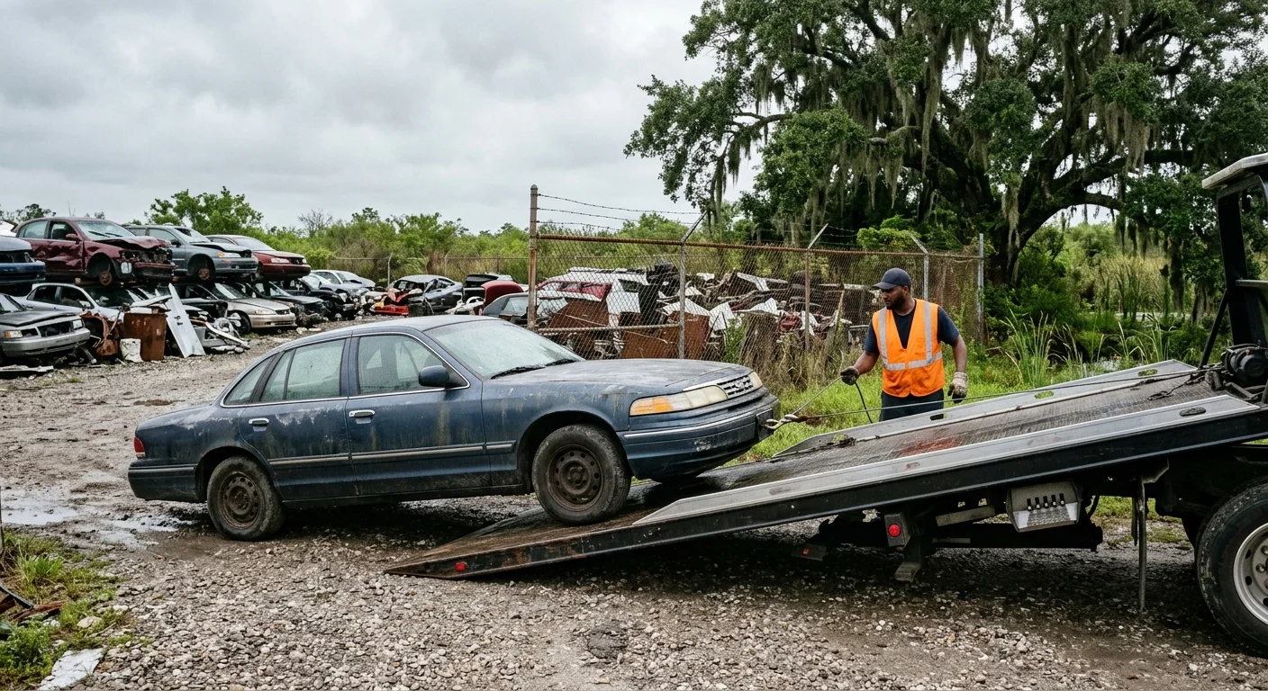 A non-running sedan being winched onto a flatbed truck at a Louisiana salvage yard