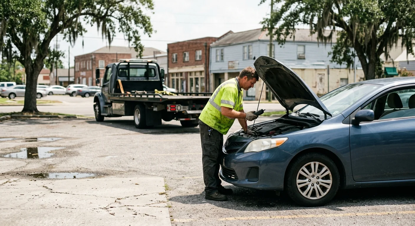 Operator assessing a disabled sedan in a New Orleans parking lot