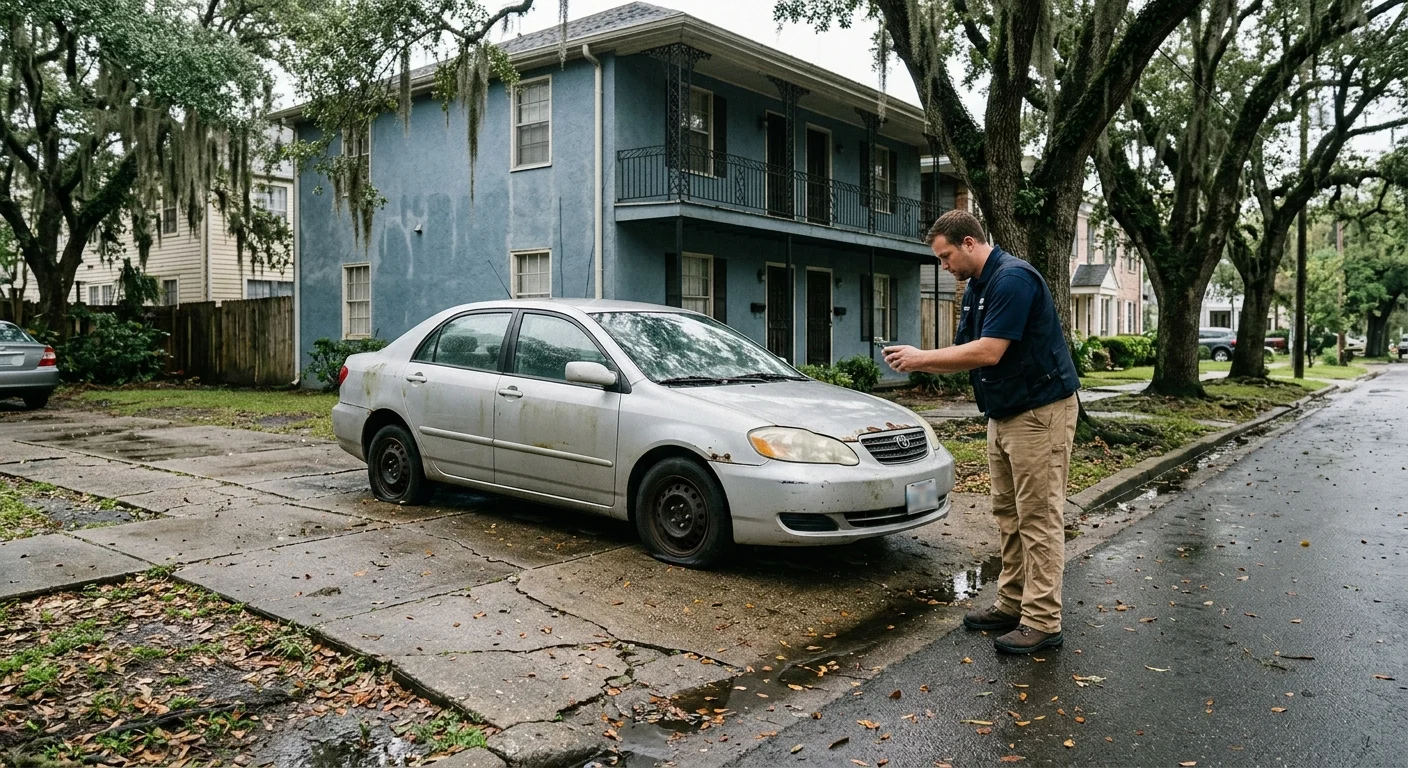 Property manager photographing a weathered car beside a New Orleans rental