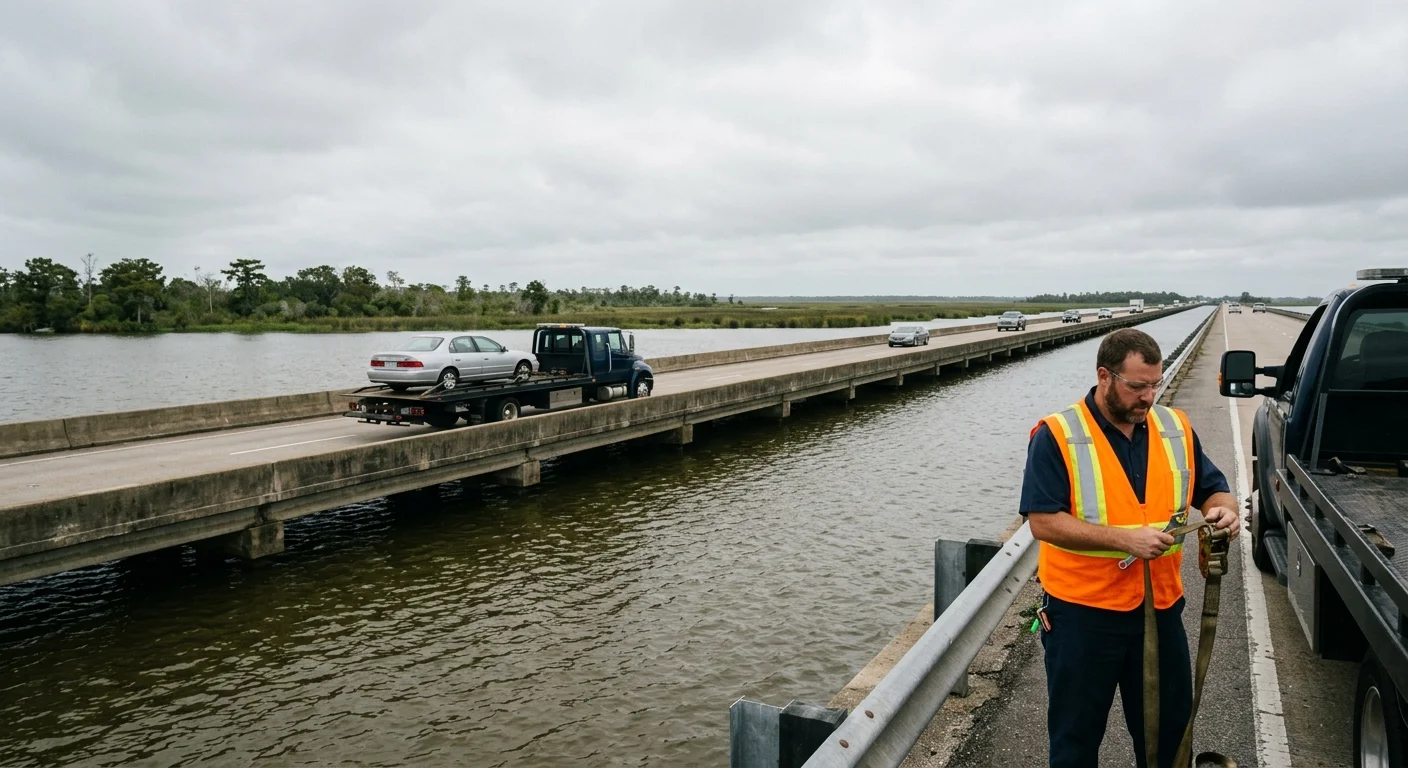 A flatbed tow truck carrying a car across a long low Louisiana water crossing