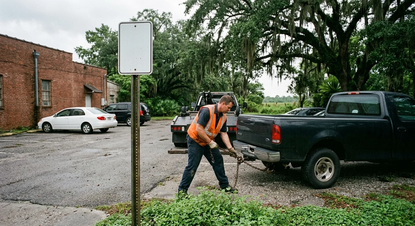 A blank private parking warning sign at the entrance of a New Orleans parking lot
