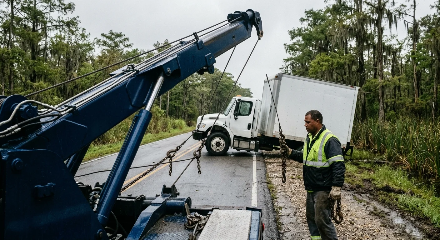 A heavy-duty tow truck sizing up a disabled box truck on a Louisiana highway shoulder
