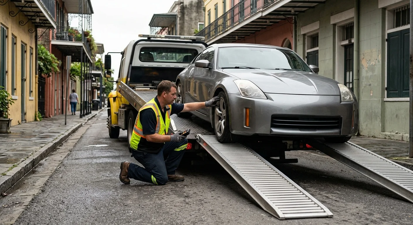 Low sports coupe being guided onto a flatbed on a New Orleans street