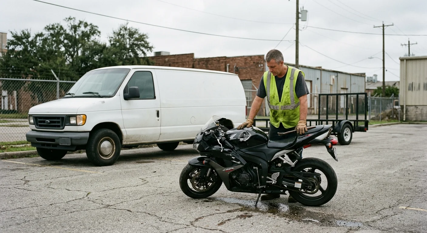Operator assessing a crash-damaged motorcycle in a New Orleans parking area
