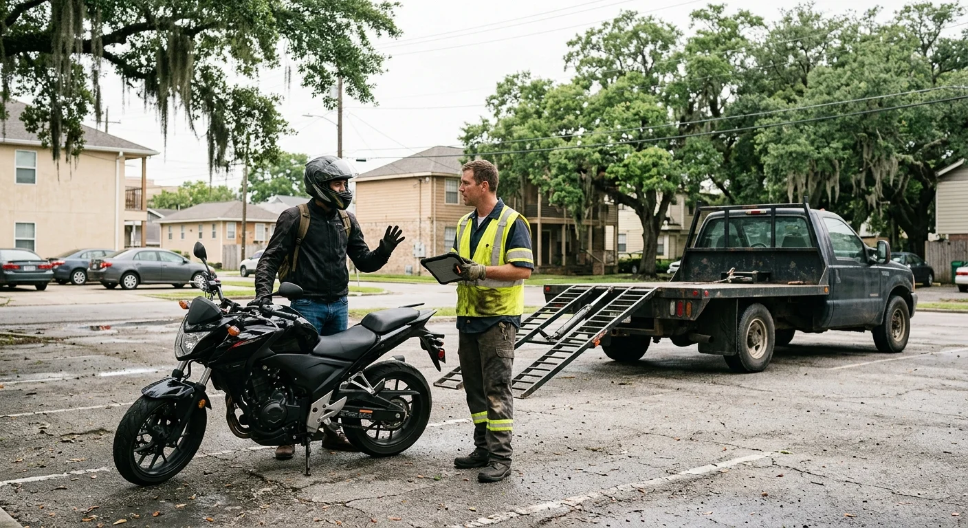 Motorcyclist speaking with a roadside operator beside a parked motorcycle in New Orleans