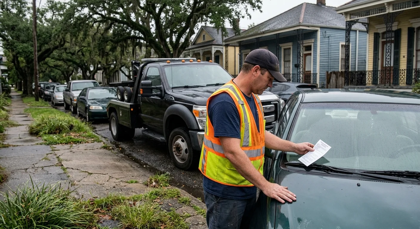 A driver reading a towing notice left on a windshield on a New Orleans street