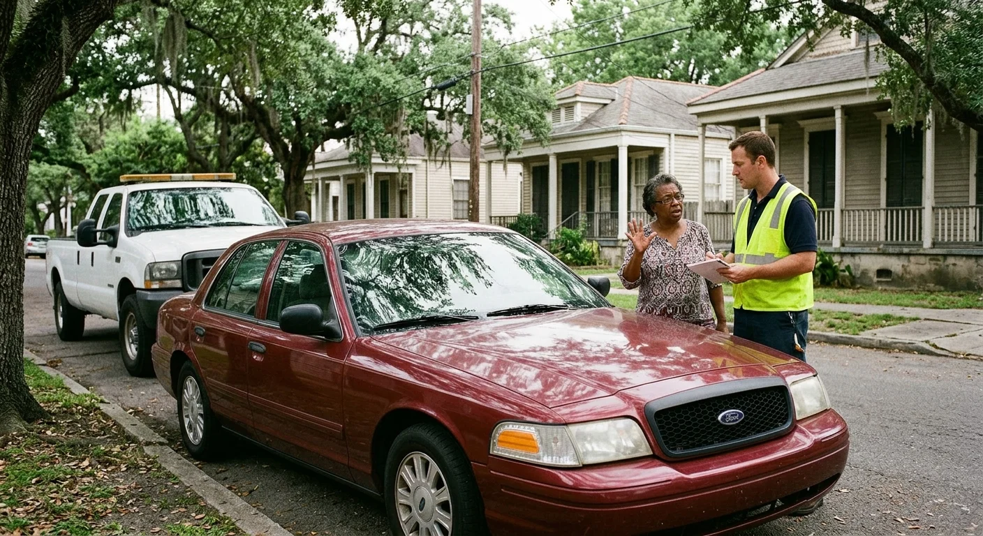 Driver beside an overheated sedan parked on firm pavement in New Orleans