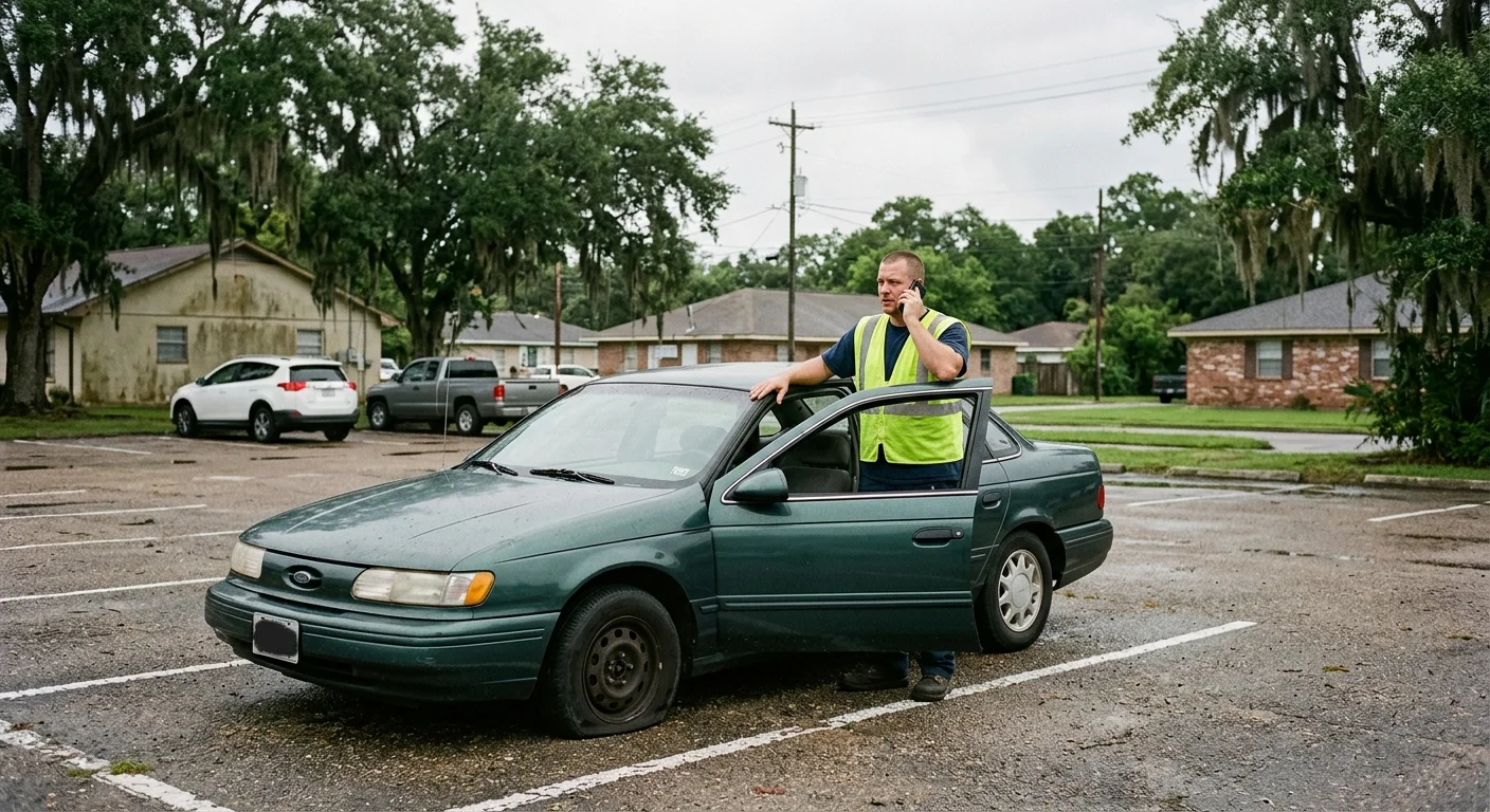 Driver calling for help beside a disabled sedan in New Orleans
