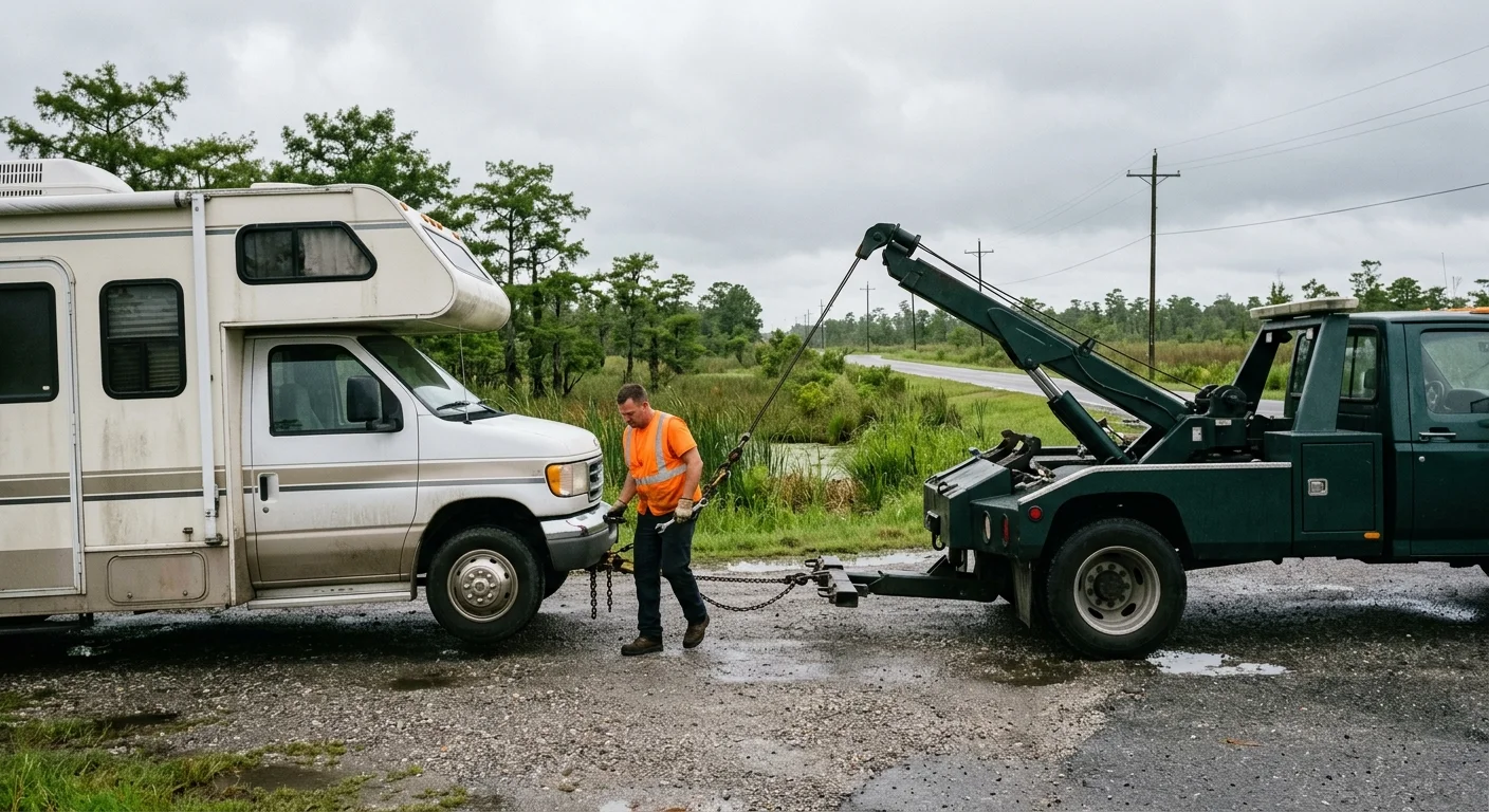 Disabled motorhome in a paved pullout near LaPlace with a heavy tow truck nearby