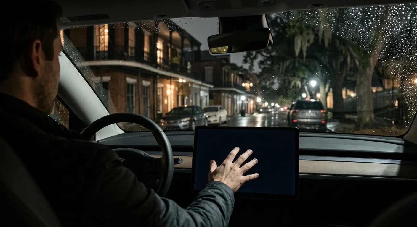 The blank centre touchscreen of an electric car at night on a wet New Orleans street