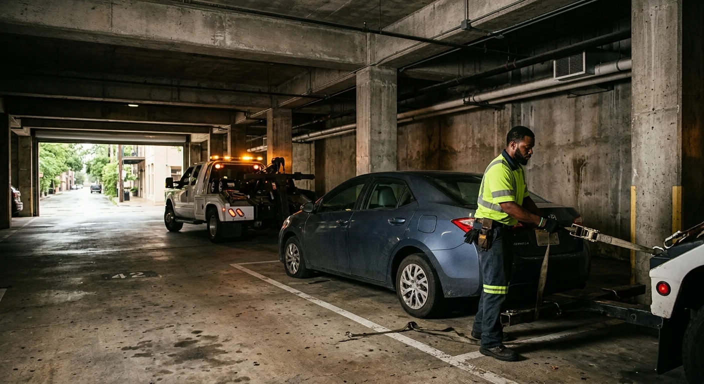Disabled sedan and compact tow vehicle inside a New Orleans parking garage