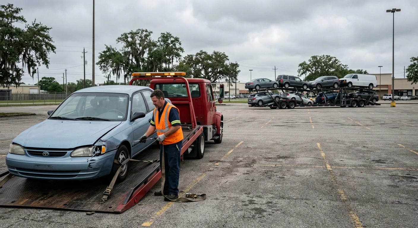 Disabled sedan on a flatbed near a multi-car transport trailer