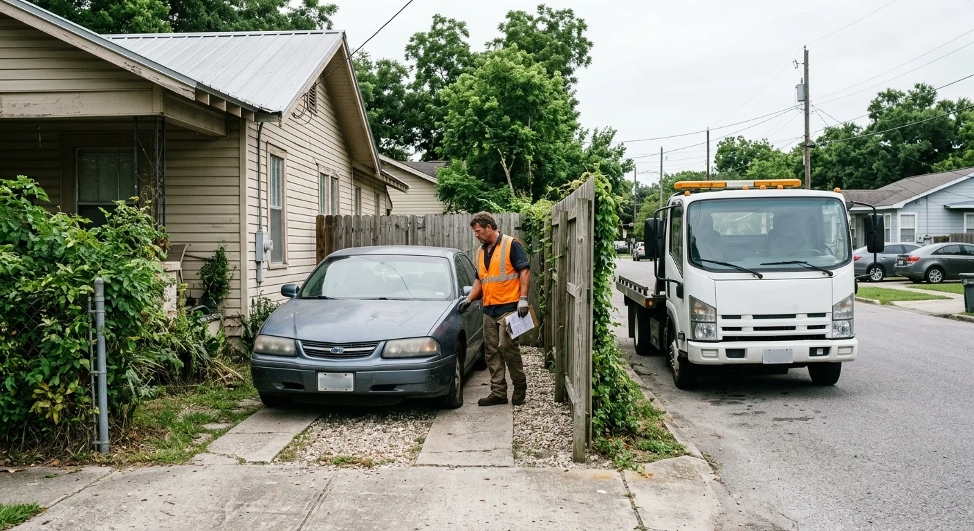 Disabled sedan in a narrow New Orleans driveway while an independent operator assesses street access