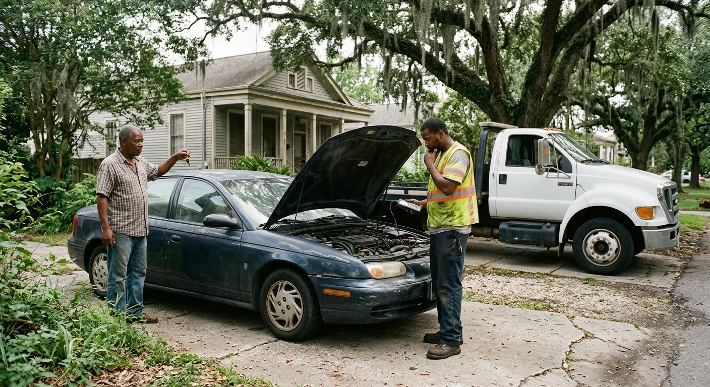 Weathered sedan in a New Orleans driveway as an independent operator assesses a junk car with no keys
