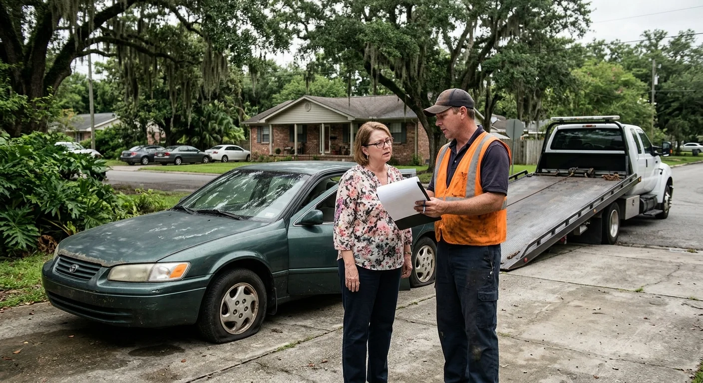 Owner reviewing paperwork beside a non-running sedan and unmarked flatbed